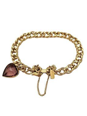 Monet Vintage Gold Tone Double Link Chain Bracelet Purple Heart Charm J984